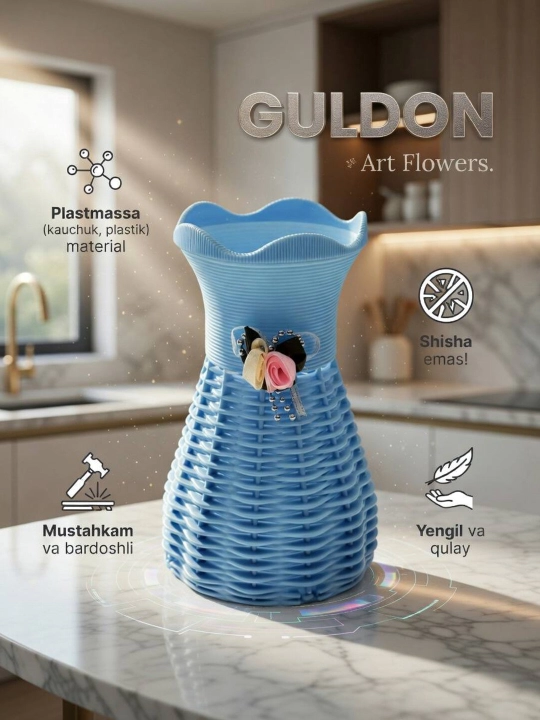 Tabiiy va sun’iy gullar uchun guldon vaza, plastik, kauchuk va plastmassa materiallardan