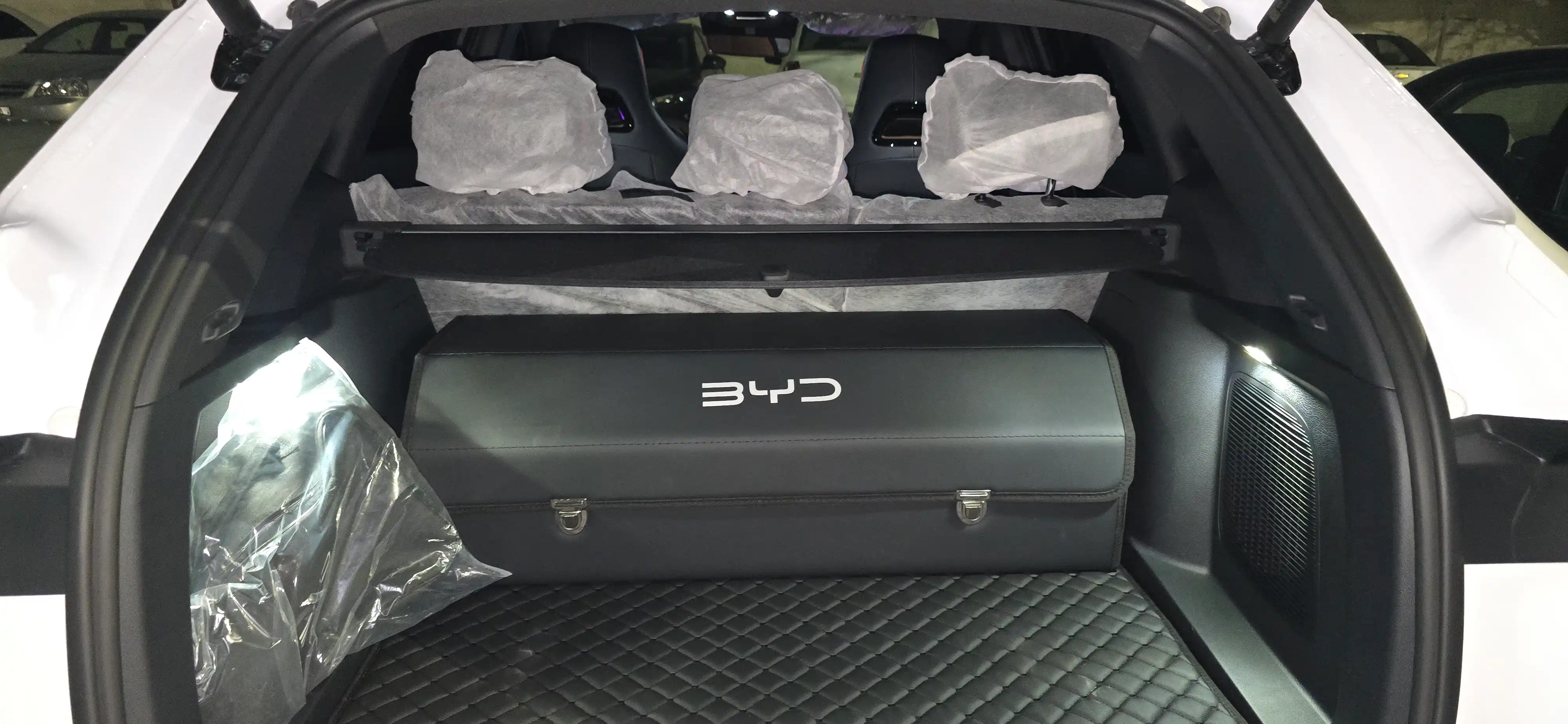 BYD avtomobili yukhonasi uchun organayzer logotipi bilan