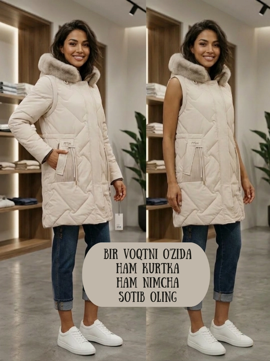 Ayollar nimchasi, yengsiz kurtka, bahorgi va kuzgi kamzul, kapyushonli jilet - 