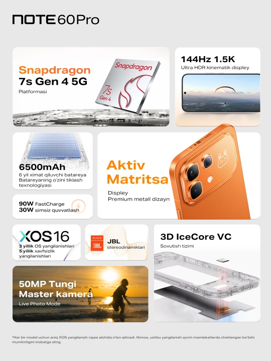 Smartfon Infinix NOTE 60 Pro 5G, 12/256 GB, Snapdragon 7s Gen 4, 6500 mAh, + mahsus sovg'a