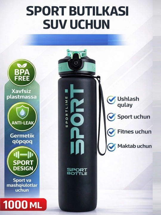 Sport suv butilkasi 1000 ml germetik BPA Free fitnes sport maktab sayohat uchun - 