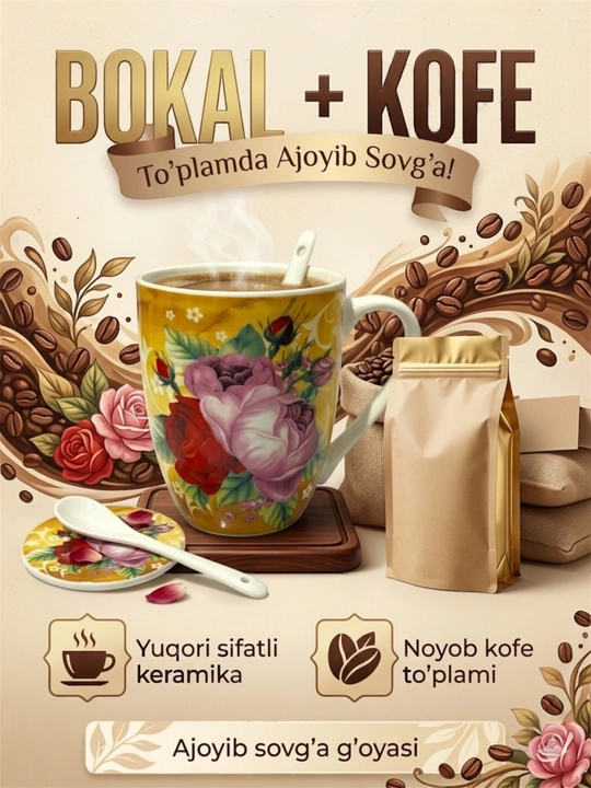 Keramika stakan (gullar rasmi tushirilgan) + choy qoshiqcha, 300 ml - 