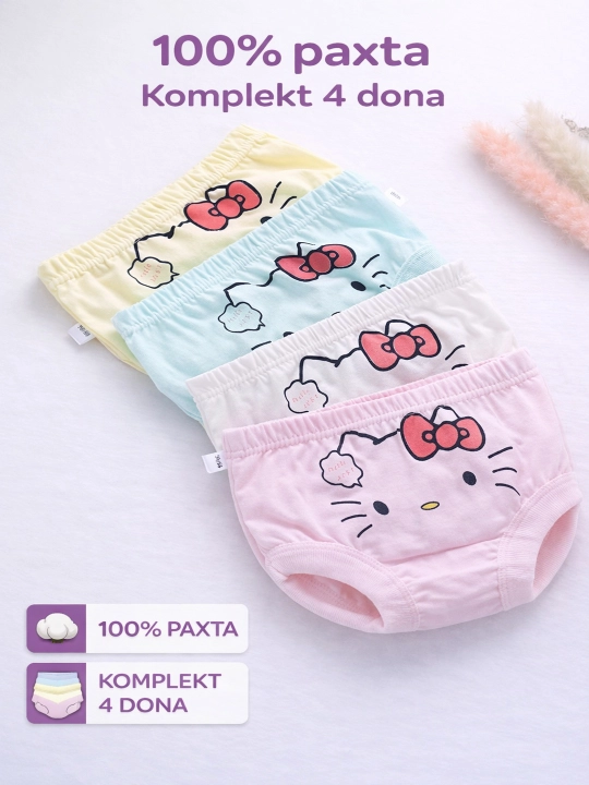 100% paxtadan tayyorlangan qizlar uchun trusiklar, 4 dona to‘plam (tasodifiy ranglar) - 