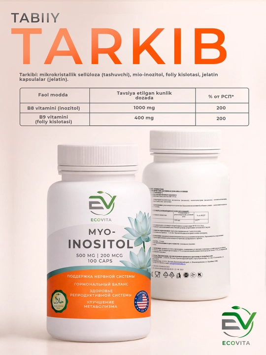 Inositol 500 mg ECOVITA — asab tizimi va moddalar almashinuvi uchun, 100 kapsula