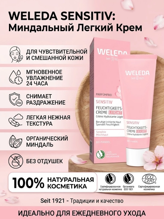 Sezgir teri uchun yengil namlantiruvchi krem Weleda Sensitiv Feuchtigkeitscreme Leicht  - 