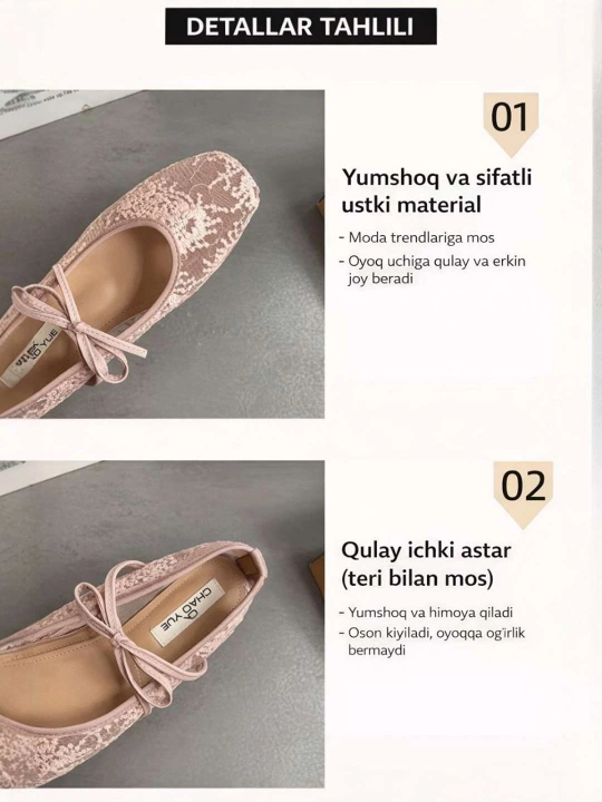 Bahor va yoz mavsumi uchun baletkalar, baletkalar, zara uslubidagi setkali baletka