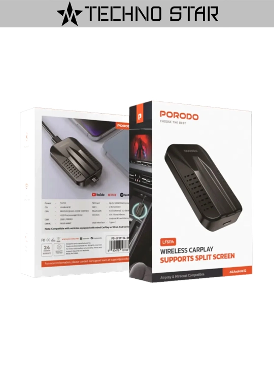Porodo Wireless CarPlay с разделением экрана,Airplay, Miracast, Android 12, 2/16 ГБ, BT