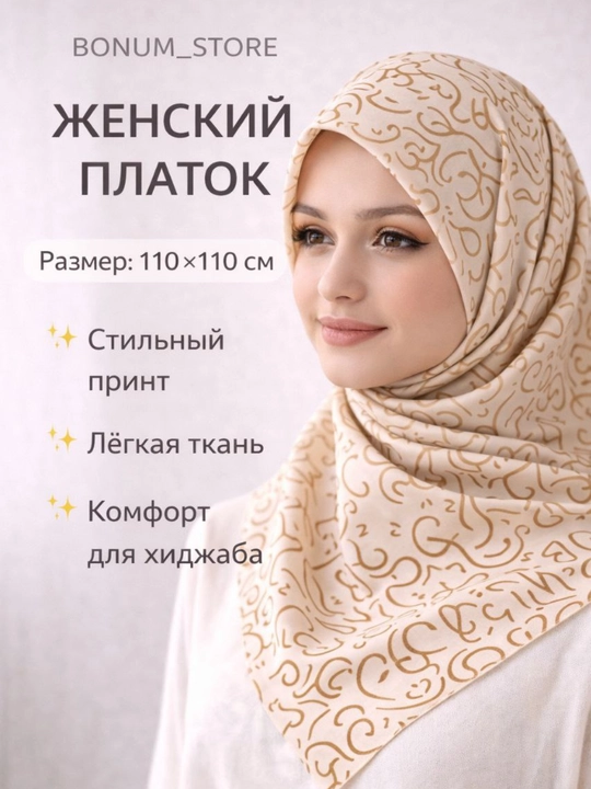 Женский платок 110x110см , платок для хиджаба, платок на голову, женский шарф - 