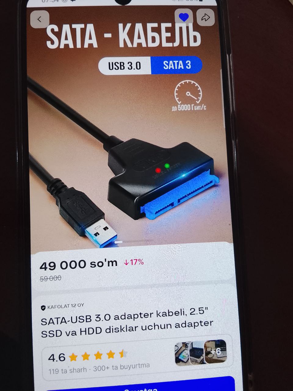 SATA-USB 3.0 adapter kabeli, 2.5" SSD va HDD disklar uchun adapter