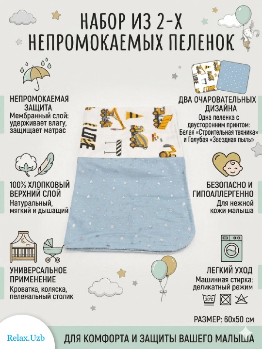 Комплект из 2-х штук. Пеленка детская непромокаемая, многоразовая, 60х50 см - 