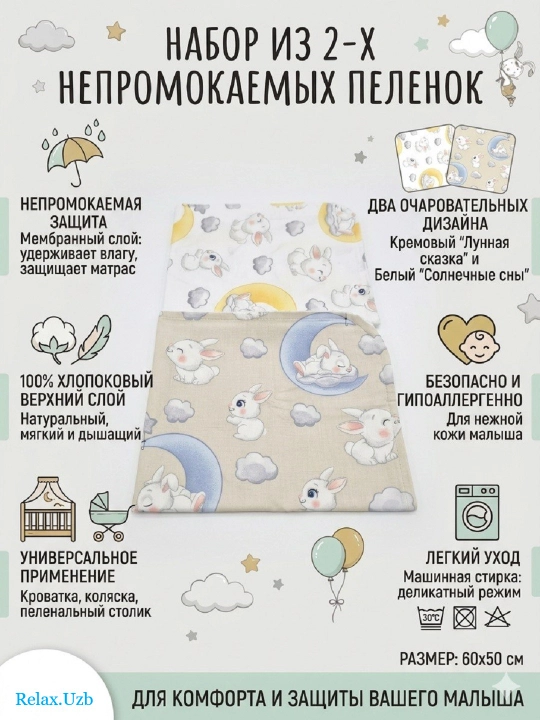 Комплект из 2-х штук. Пеленка детская непромокаемая, многоразовая, 60х50 см - 