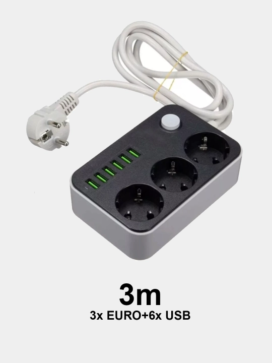 Сетевой фильтр удлинитель 3 евро розетки 6 USB 220в 10А 3метра - 