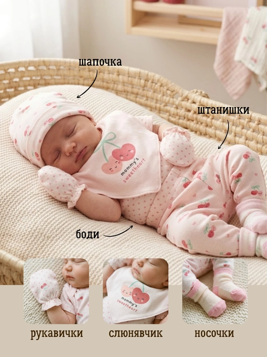 6 в 1 Костюм для новорожденных комплект детский, с подарочным пакетом, 0-9месяцев
