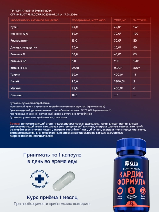 Кардио формула – витамины для сердца и сосудов с магнием, калием и Q10, 60 капсул