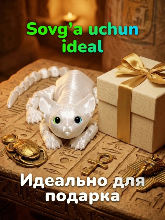 3D printerda chop etilgan antistress harakatlanuvchi o‘yinchoq mushukcha sfinks