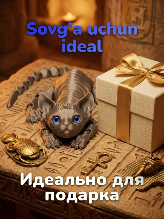 3D printerda chop etilgan antistress harakatlanuvchi o‘yinchoq mushukcha sfinks