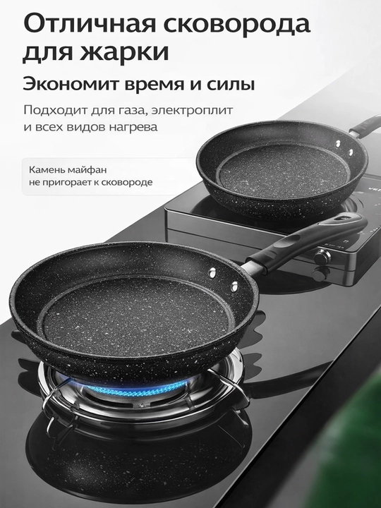 Сковорода антипригарная с крышкой, каменное покрытие, для газовых и индукционных плит