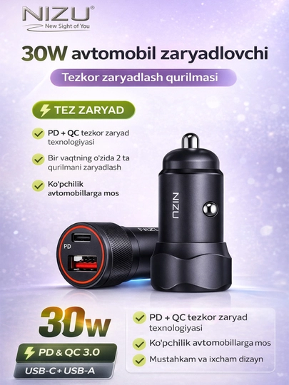 NIZU 30W Avtomobilda mobil qurilmalarni tezkor zaryadlash qurilmasi - 