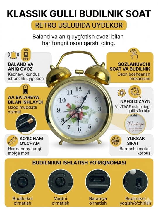 Retro uslubdagi budilnik soat - 