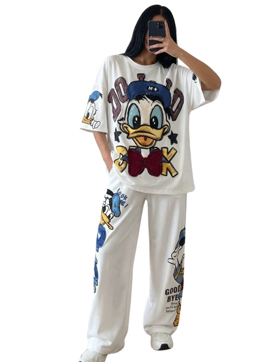 Женский костюм оверсайз свитшот и брюки с принтом Donald Duck и джинсовыми вставками - 