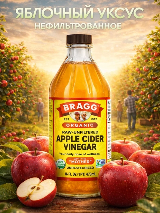 Яблочный уксус Bragg Organik, 473мл, без фильтрации - 