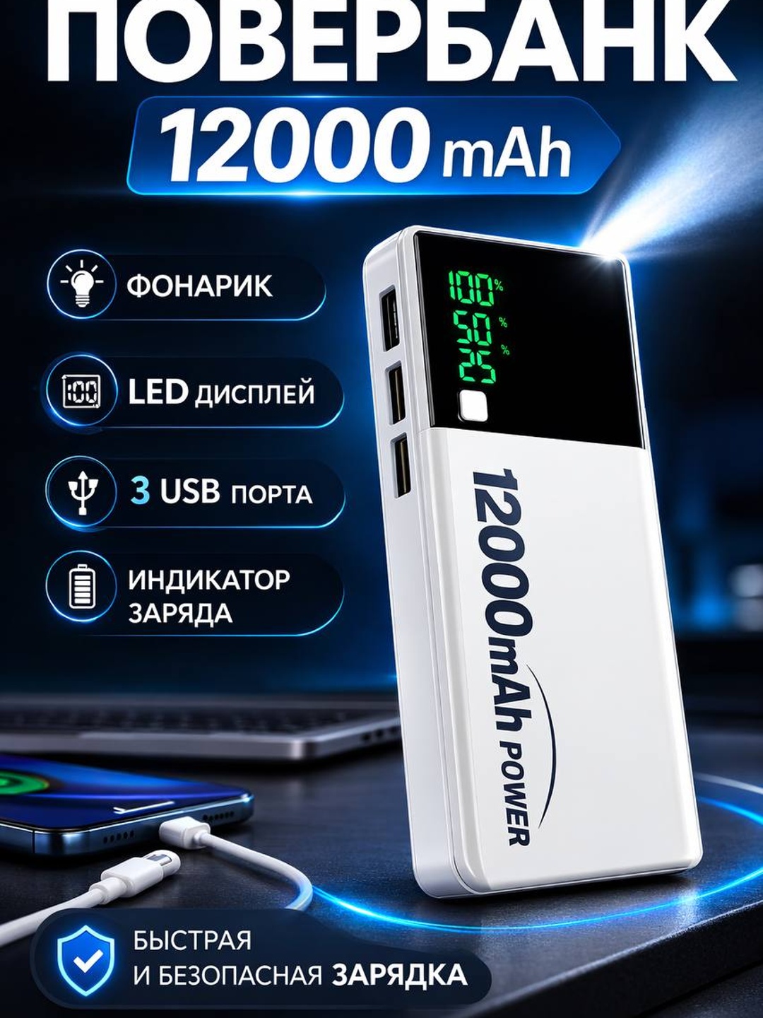 Powerbank 12000 mAh LED displeyli va chiroqli, 3 ta USB portli tashqi akkumulyator - 