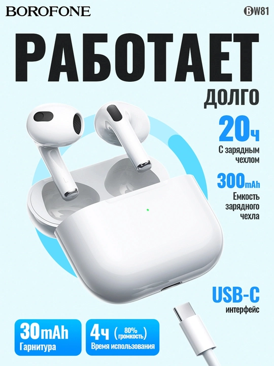 Borofone BW81 simsiz quloqchinlari, TWS, 300+30 mAh, 4 soatgacha musiqa tinglash