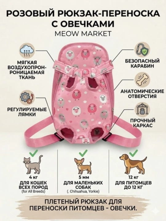 Mushuk va itlar uchun ryukzak ko‘tarma, nafas oluvchi, 12 kg gacha - 