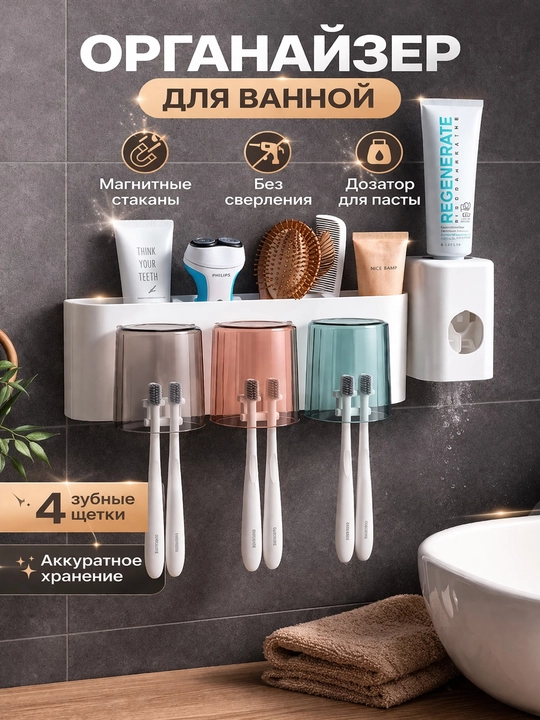Tish cho'tkasi ushlagichi, tish pastasi dispenseri va javonli 5-in-1 hammom organayzeri - 