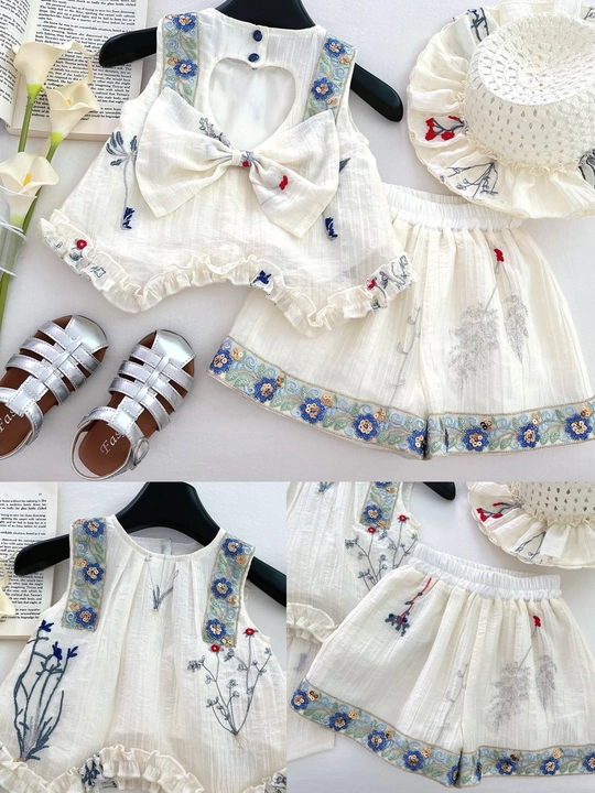 Летний комплект для девочек (кофта + шорты), с вышивкой, шляпа в подарок