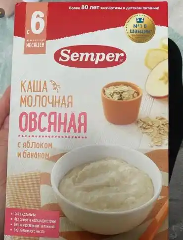 Sutli yorma bo'tqasi Semper, olma va banan bilan, shakarsiz, quruq, 6 oydan boshlab, 180 g