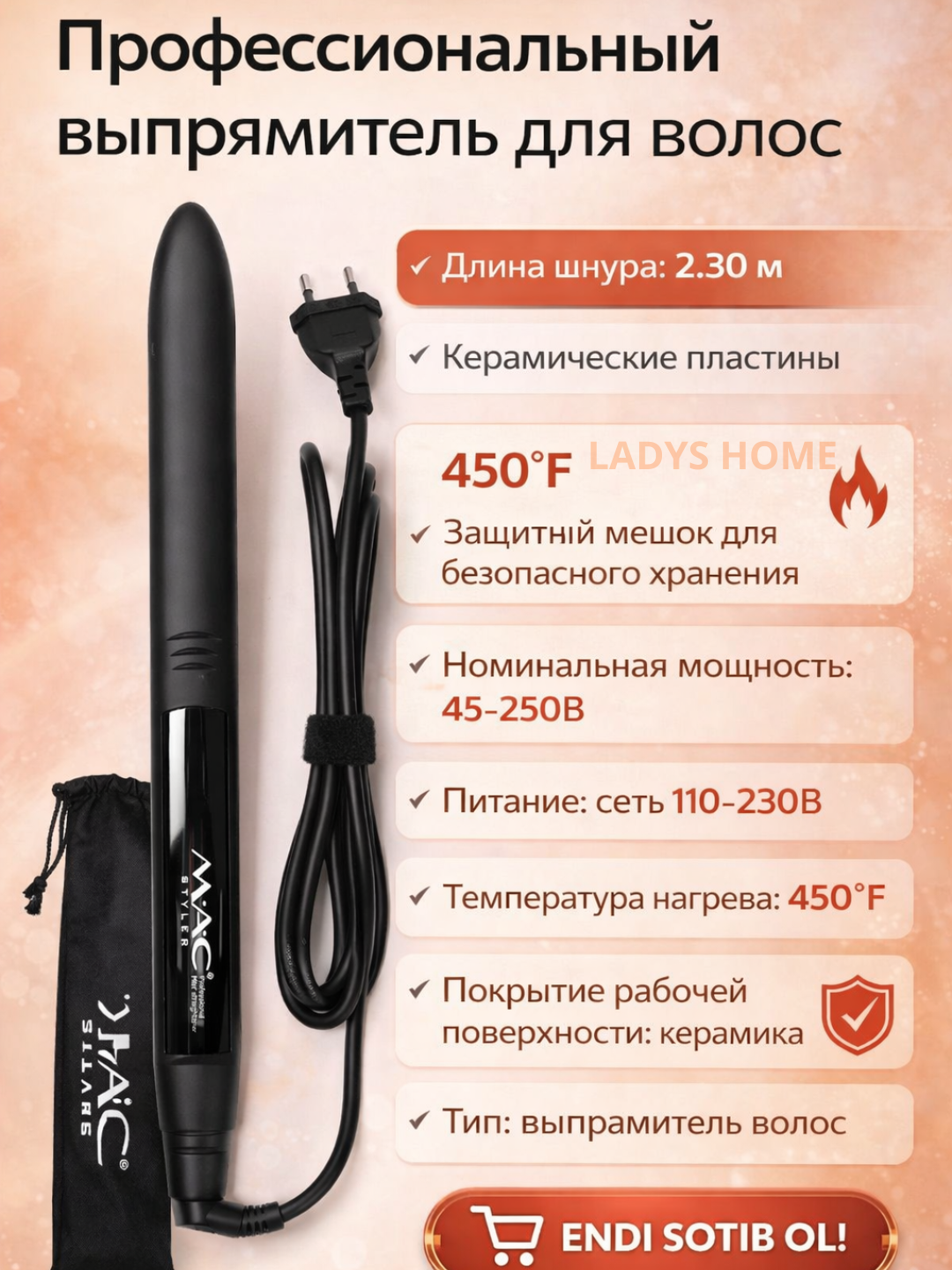 MAC Styler PRO professional soch tekislagich – titan plastinali dazmol-ployka