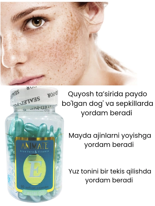 Vitamin E yog‘ kapsula, yuz lab va soch uchun, oziqlantiradi, ajinga qarshi parvarish 60ta - 