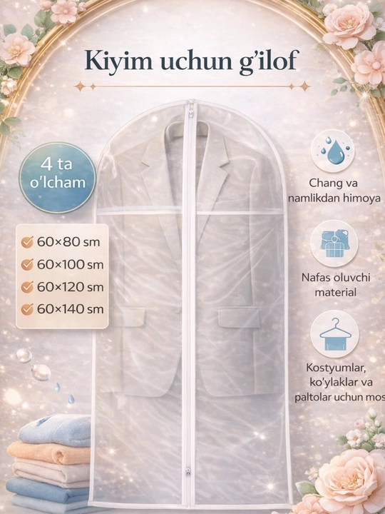 Kiyim-kechak uchun changdan himoyalovchi g‘ilof, suv o‘tkazmaydigan, osma organayzer
