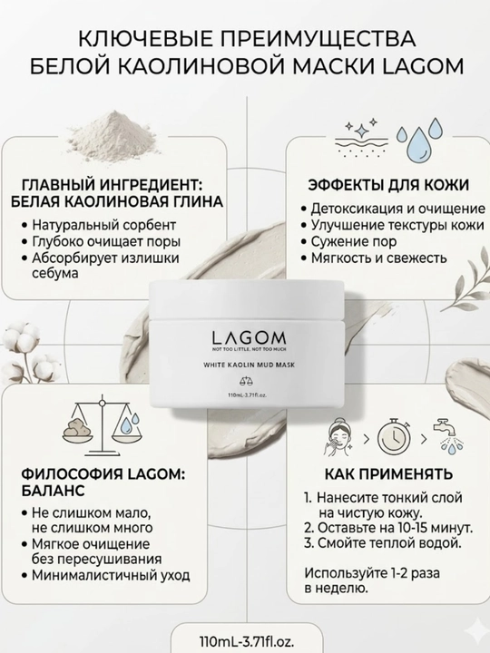 Глиняная маска для лица отшелушивающая Lagom,с AHA-кислотами, для жирной и проблемной кожи