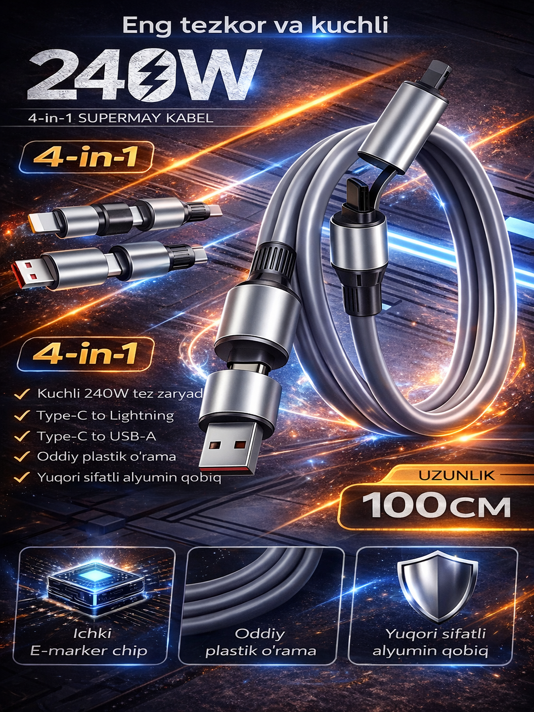 240W 4 tasi 1 da quvvatlash kabeli, universal - 