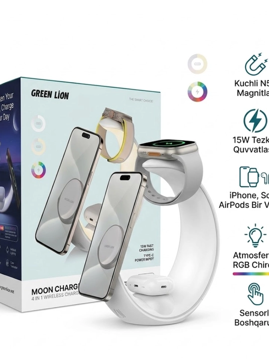 Simsiz quvvatlagich Green Lion Moon Charge 4 tasi 1 da, MagSafe, RGB chiroq va soat stendi - 