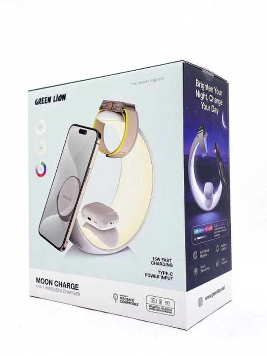 Simsiz quvvatlagich Green Lion Moon Charge 4 tasi 1 da, MagSafe, RGB chiroq va soat stendi