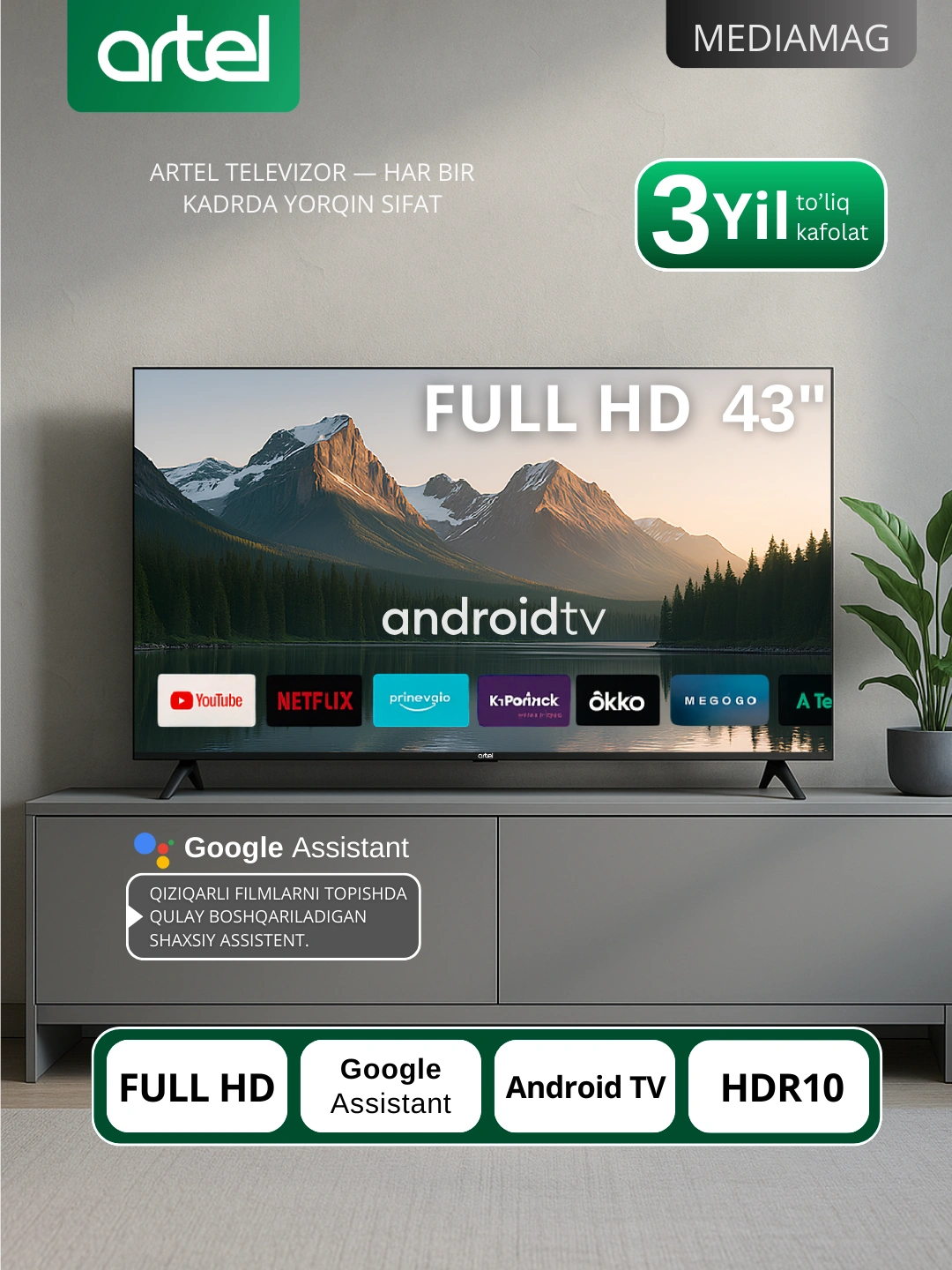 Телевизор Smart Artel A43NFCH001 43" Android tv FHD, пульт с голосовым поиском за 2479000 сум со скидкой 38%. Uzum Market