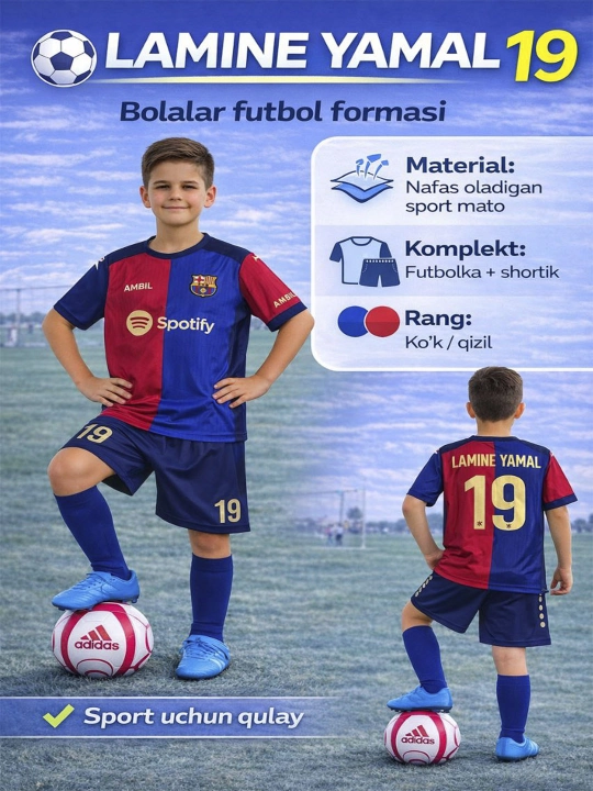 Bolalar futbol kiyimi, Ronaldo, Real, Barsa, Mbappe, Yamal, Khusanov - 