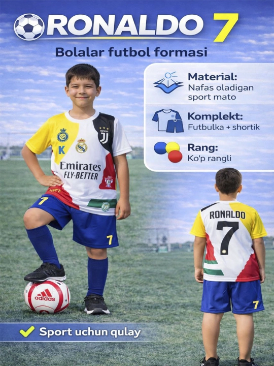 Bolalar futbol kiyimi, Ronaldo, Real, Barsa, Mbappe, Yamal, Khusanov - 