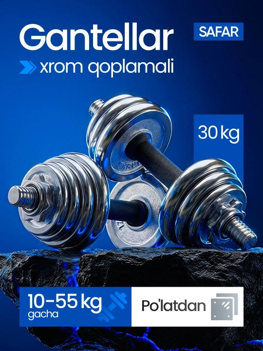 Temir gantellar va shtanga to'plami, chemodanda, 10 kg dan 55 kg gacha - 