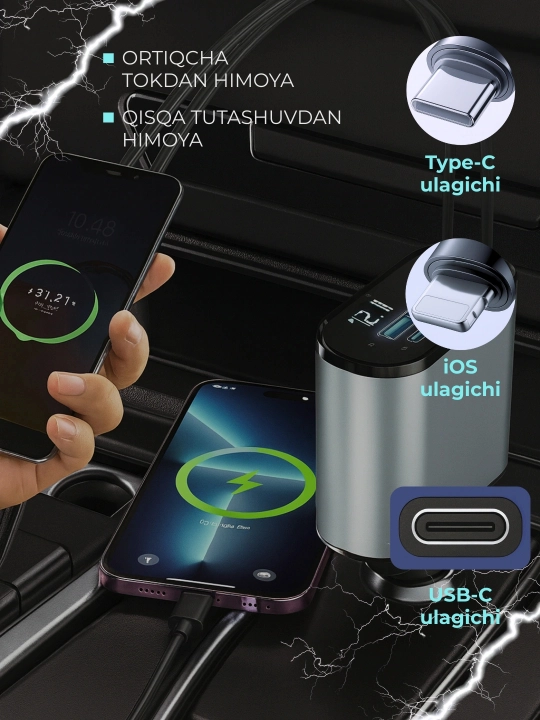 120 Vt quvvatlagich, voltmetr va Type-C va Lightning o‘rnatilgan kabellari bilan