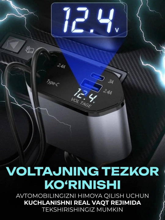 120 Vt quvvatlagich, voltmetr va Type-C va Lightning o‘rnatilgan kabellari bilan