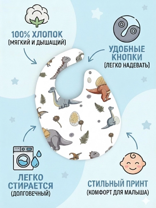 Непромокаемый детский слюнявчик-нагрудник из хлопка, на кнопках RELAX.UZB - 