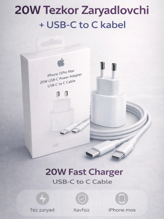 IPhone uchun 20W Tezkor Zaryadlovchi Adapter + USB-C kabel - 