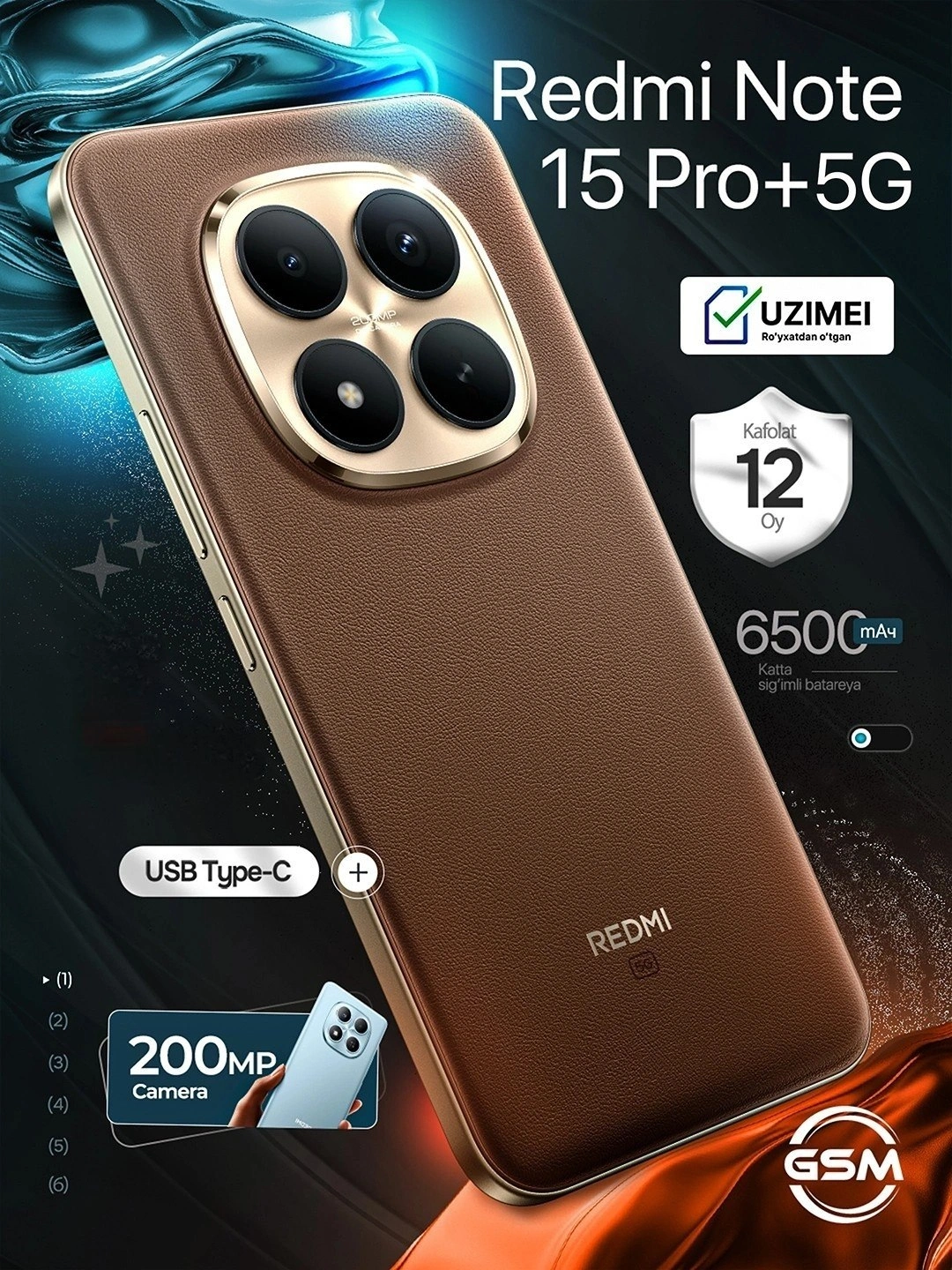 Смартфон Xiaomi Redmi Note 15 Pro+ 5G, 200MP 6500mAh 100W за 4999000 сум со скидкой 50%. Uzum Market