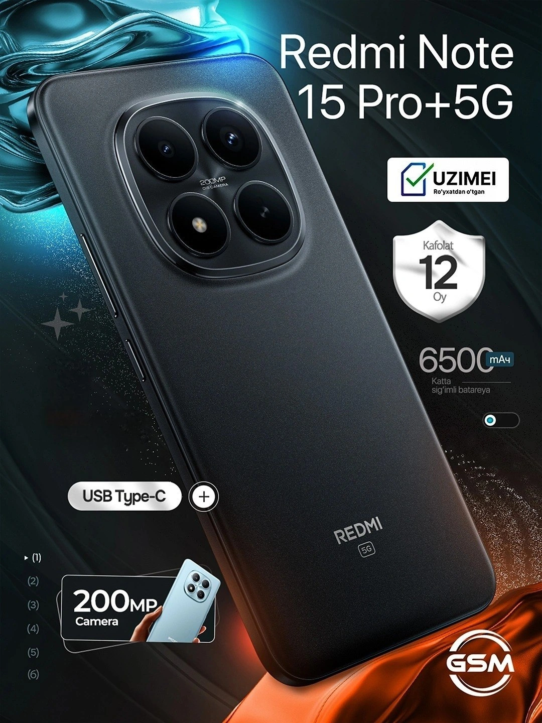 Смартфон Xiaomi Redmi Note 15 Pro+ 5G, 200MP 6500mAh 100W за 4999000 сум со скидкой 50%. Uzum Market
