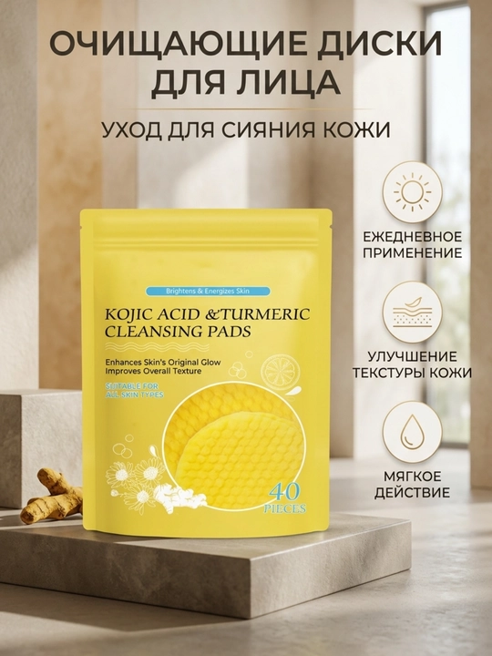 Очищающие диски для лица с койевой кислотой и куркумой, от темных пятен и постакне, 40 шт - 