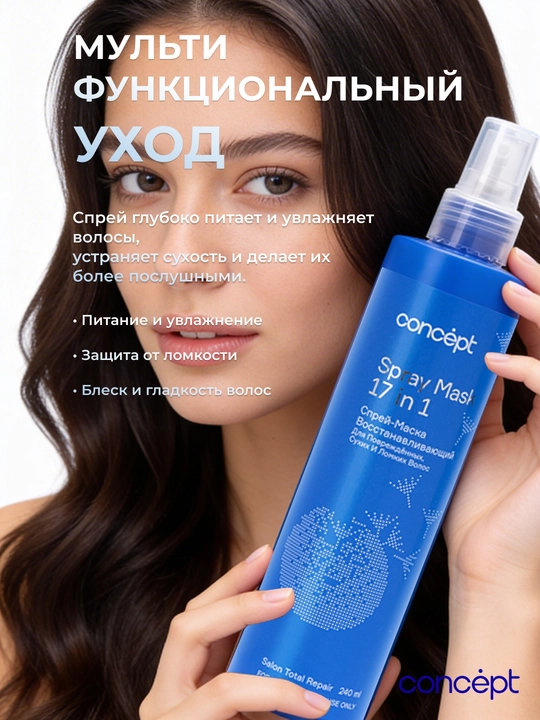 Quruq va mortlashgan, sochlarni tiklovchi sprey CONCEPT, 240ml, 17in1, himoya
